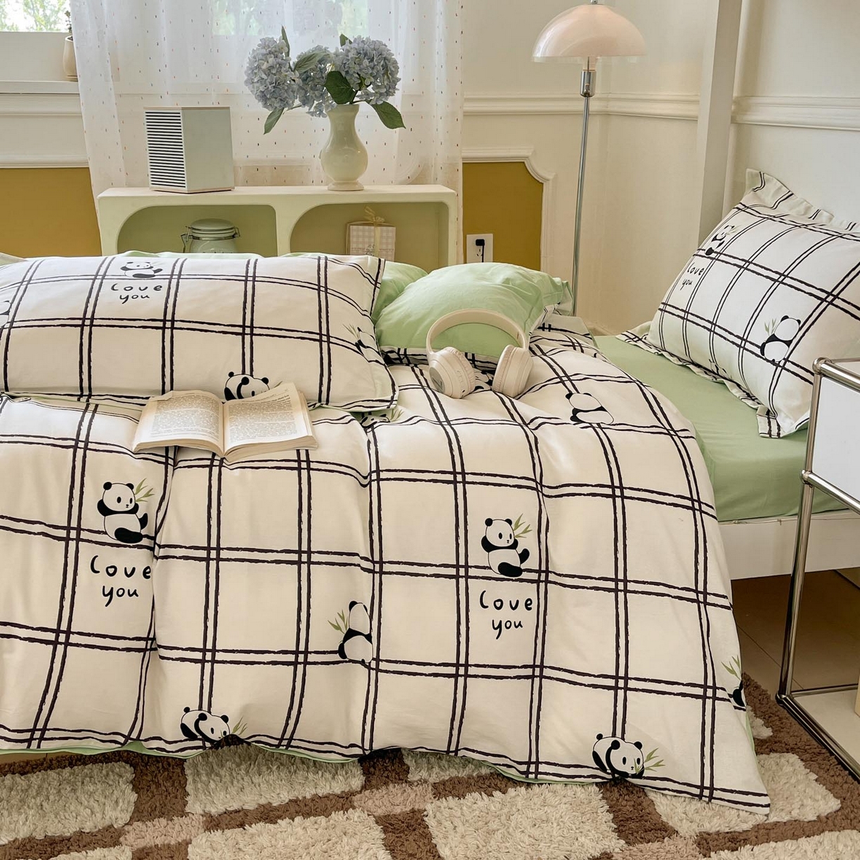 91家纺网 家纺一手货源 找家纺 涵宸家纺 2025新款学生图-全棉印花-ins印花三件套四件套 趣味熊猫