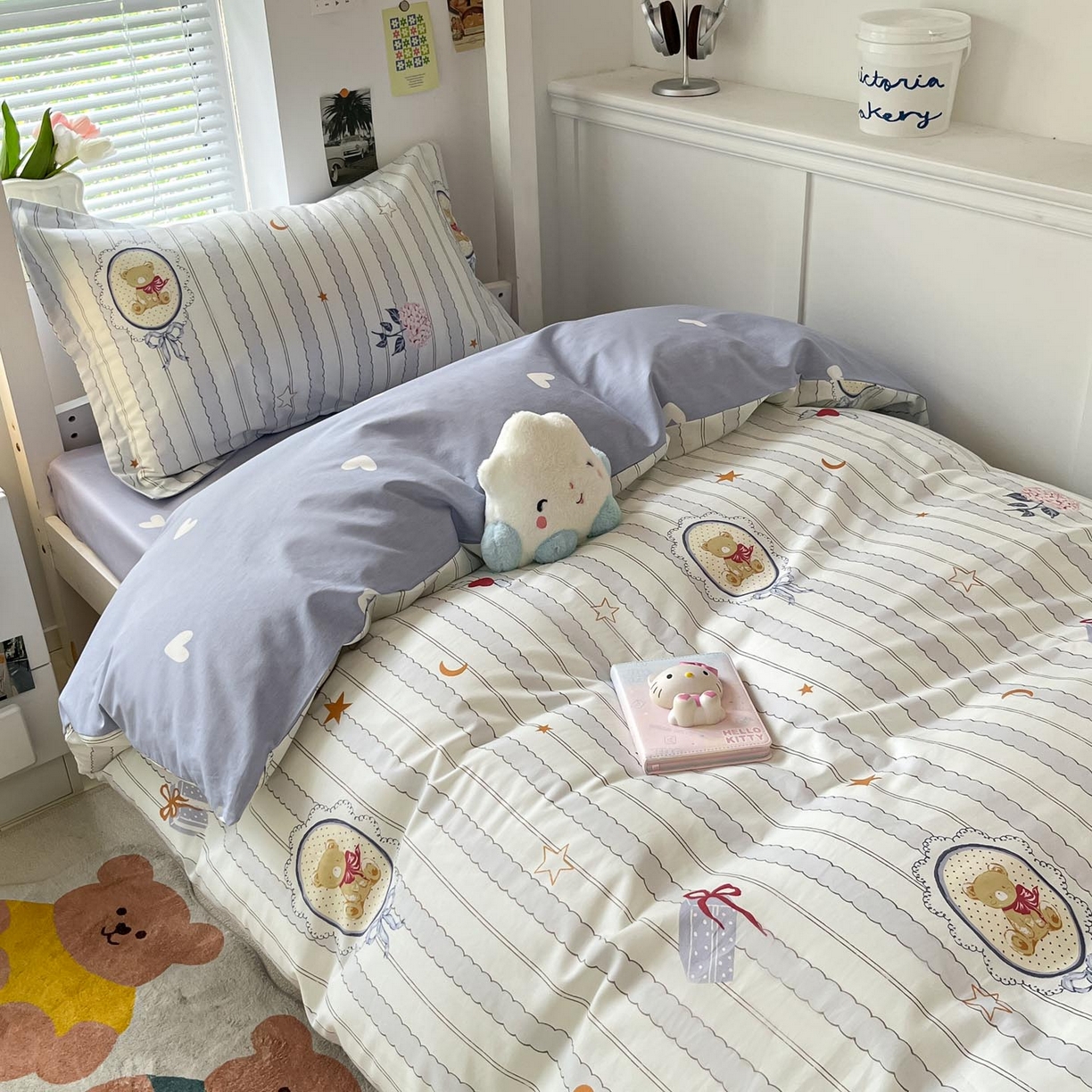 91家纺网 家纺一手货源 找家纺 涵宸家纺 2025新款学生图-全棉印花-ins印花三件套四件套 图蓝朵朵