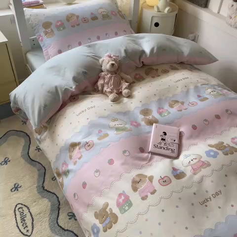 91家纺网 家纺一手货源 找家纺 （总）涵宸家纺 2025新款学生图-全棉印花-甜系三件套四件套