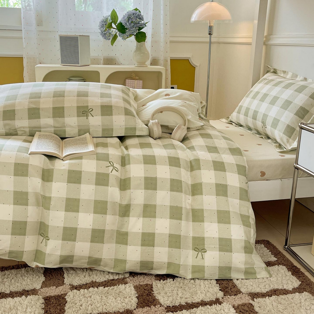 91家纺网 家纺一手货源 找家纺 涵宸家纺 2025新款学生图-全棉印花-甜系三件套四件套 A芥绿结