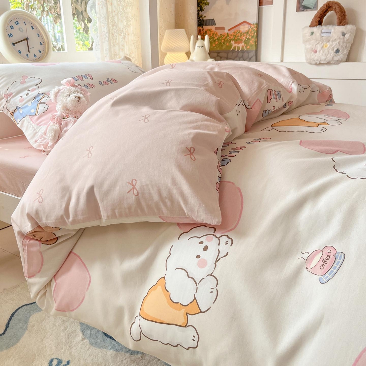 91家纺网 家纺一手货源 找家纺 涵宸家纺 2025新款学生图-全棉印花-甜系三件套四件套 A幸运犬