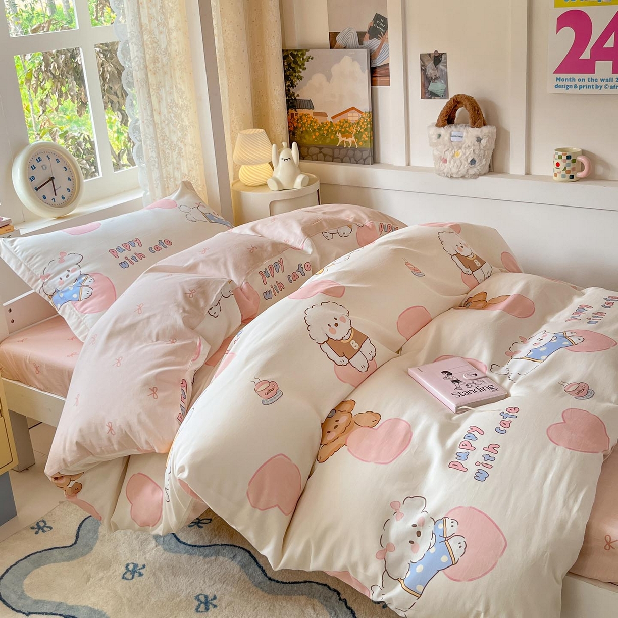 91家纺网 家纺一手货源 找家纺 涵宸家纺 2025新款学生图-全棉印花-甜系三件套四件套 A幸运犬