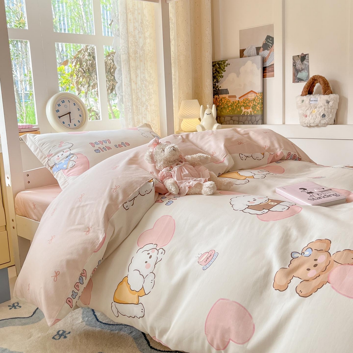 91家纺网 家纺一手货源 找家纺 涵宸家纺 2025新款学生图-全棉印花-甜系三件套四件套 A幸运犬