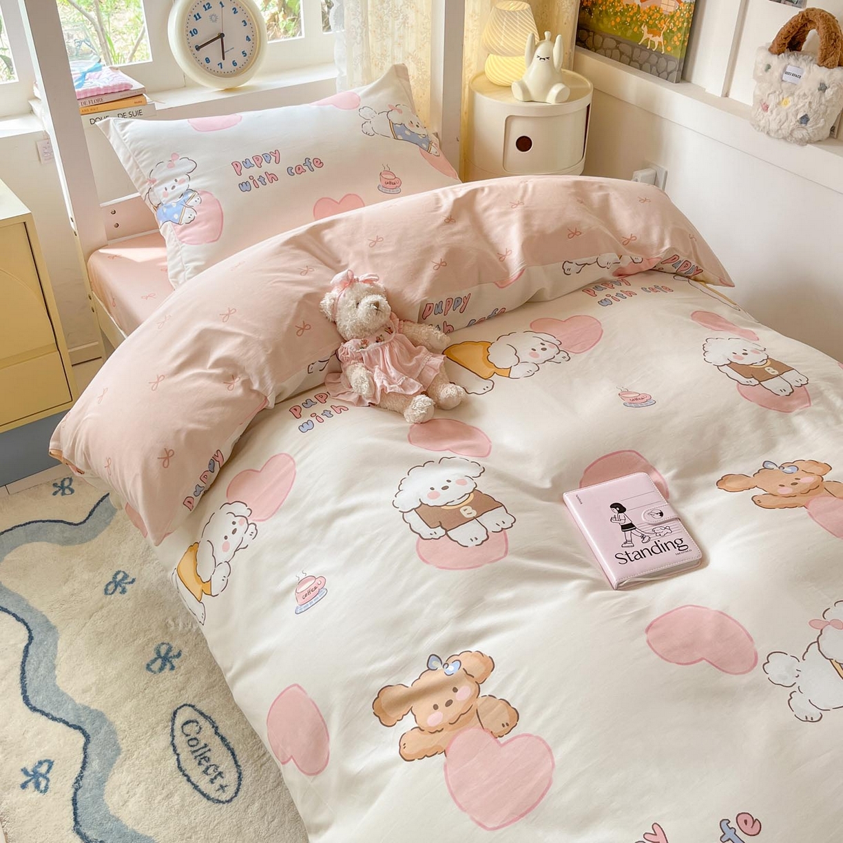 91家纺网 家纺一手货源 找家纺 涵宸家纺 2025新款学生图-全棉印花-甜系三件套四件套 A幸运犬