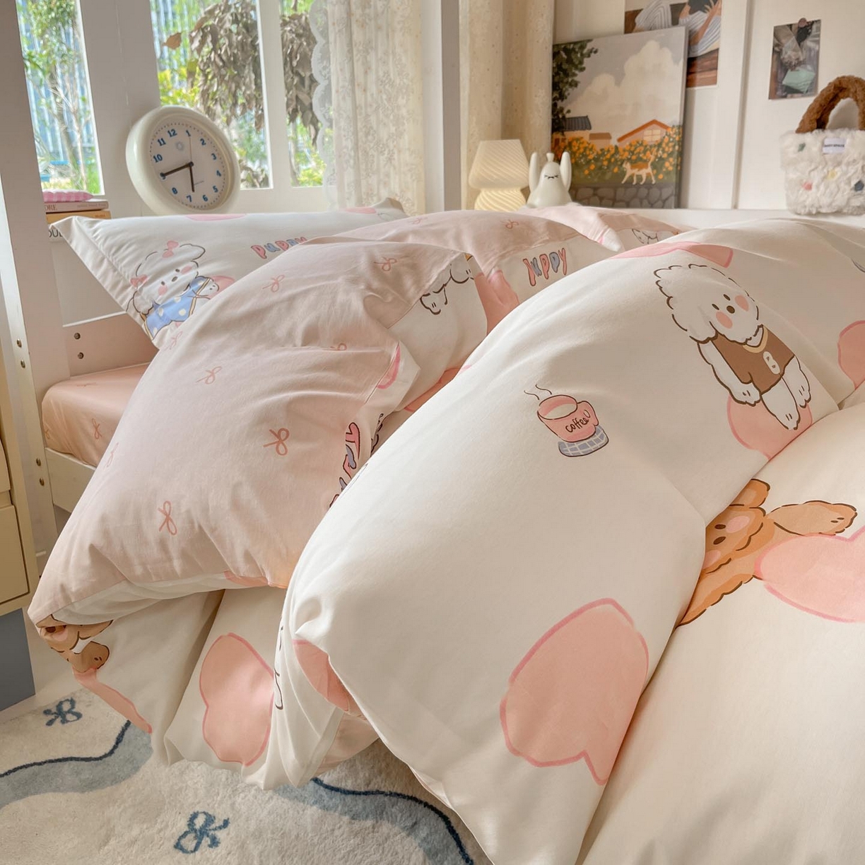 91家纺网 家纺一手货源 找家纺 涵宸家纺 2025新款学生图-全棉印花-甜系三件套四件套 A幸运犬