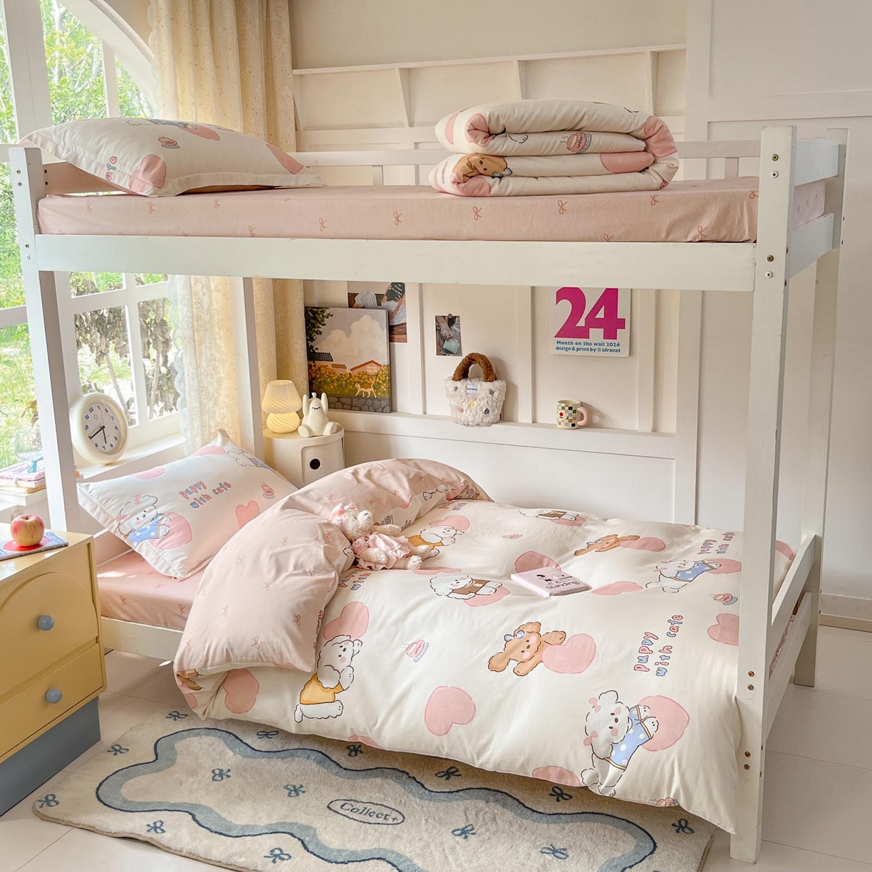 91家纺网 家纺一手货源 找家纺 涵宸家纺 2025新款学生图-全棉印花-甜系三件套四件套 A幸运犬