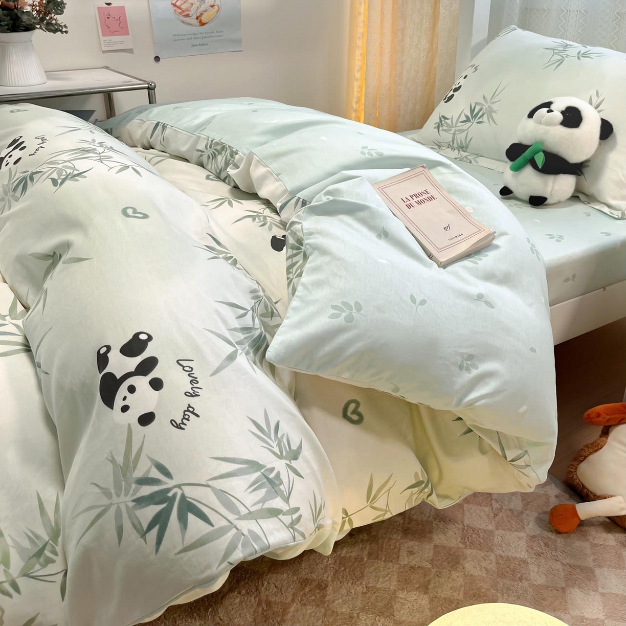 91家纺网 家纺一手货源 找家纺 涵宸家纺 2025新款学生图-全棉印花-甜系三件套四件套 A竹子熊猫