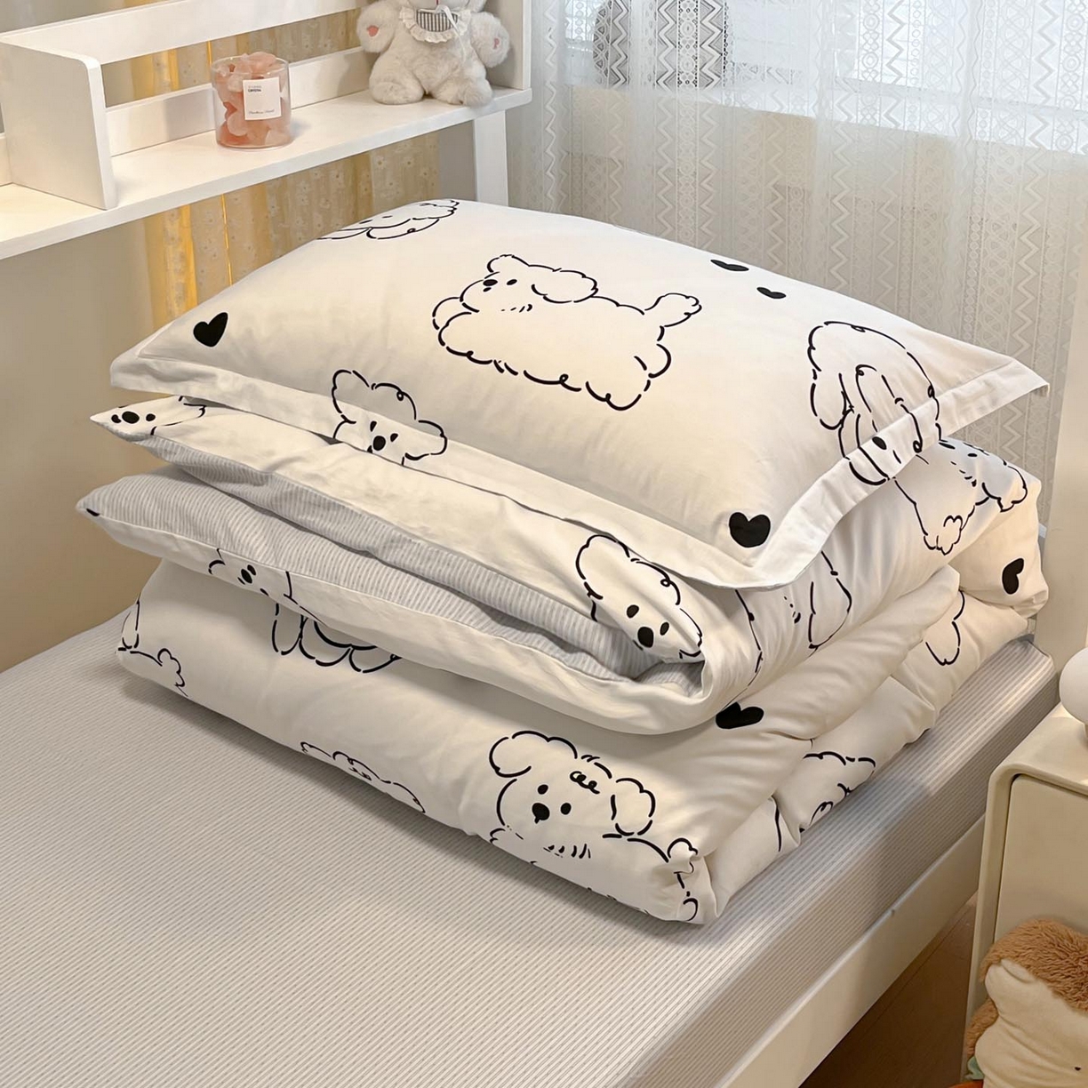 91家纺网 家纺一手货源 找家纺 涵宸家纺 2025新款学生图-全棉印花-甜系三件套四件套 B呆萌小狗