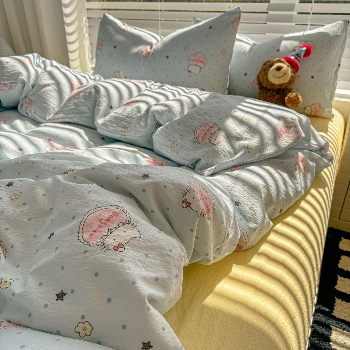 91家纺网 家纺一手货源 找家纺 繁花2025新款学生季第二波木棉水洗棉四件套三件套跑量款 爱心喵-蓝