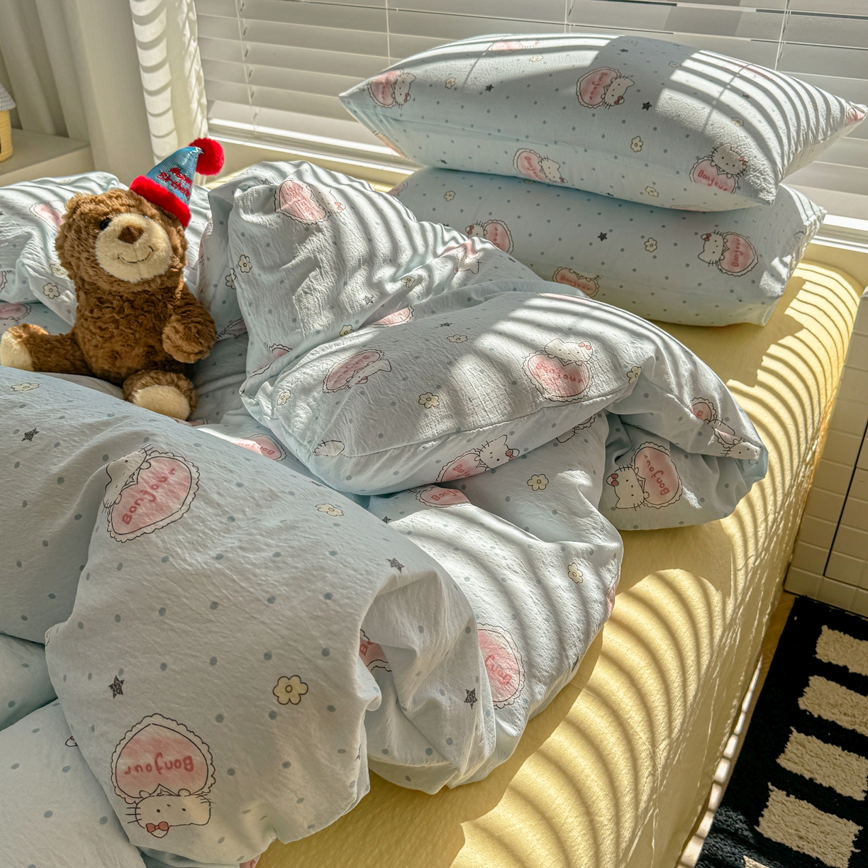 91家纺网 家纺一手货源 找家纺 繁花2025新款学生季第二波木棉水洗棉四件套三件套跑量款 爱心喵-蓝