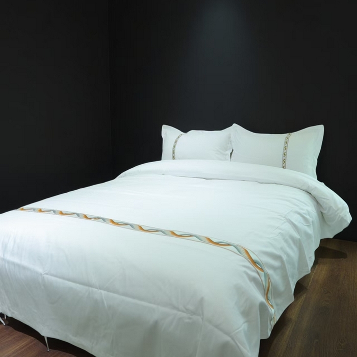 91家纺网 家纺一手货源 找家纺 （总）安力森/诚臻酒店用品2025新款星级酒店纯色四件套高仿棉贴条系带款宾馆四件套