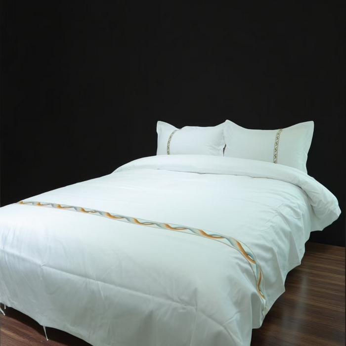 91家纺网 家纺一手货源 找家纺 （总）安力森/诚臻酒店用品2025新款星级酒店纯色四件套高仿棉贴条系带款宾馆四件套