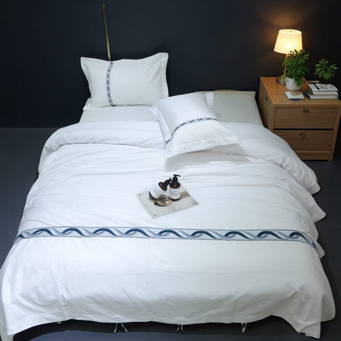 91家纺网 家纺一手货源 找家纺 （总）安力森/诚臻酒店用品2025新款星级酒店纯色四件套高仿棉贴条系带款宾馆四件套