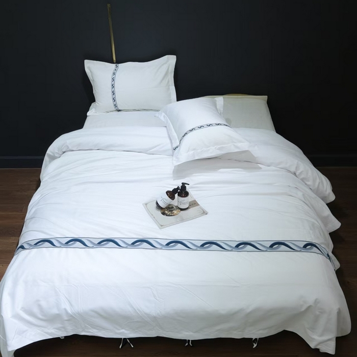 91家纺网 家纺一手货源 找家纺 （总）安力森/诚臻酒店用品2025新款星级酒店纯色四件套高仿棉贴条系带款宾馆四件套