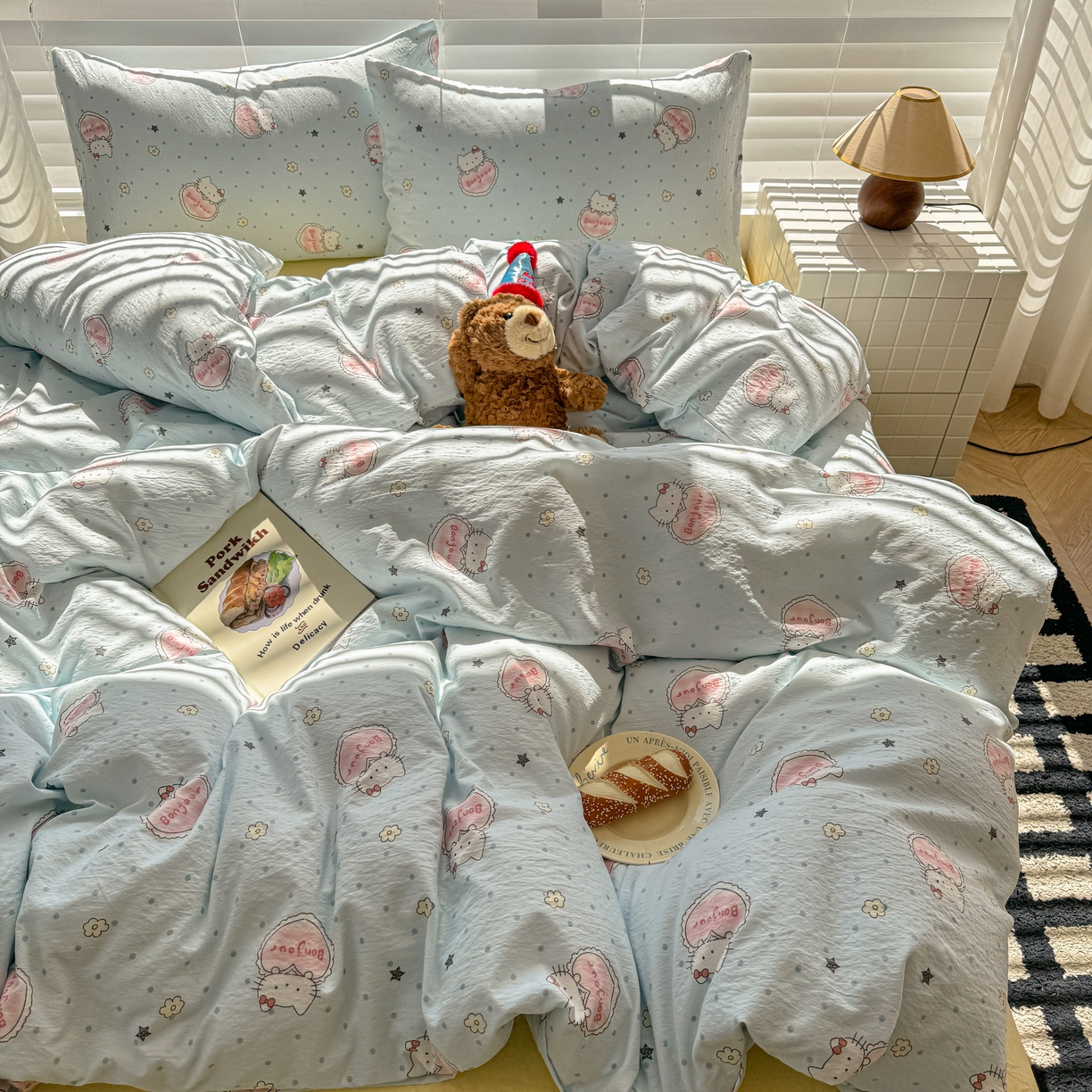 91家纺网 家纺一手货源 找家纺 繁花2025新款学生季第二波木棉水洗棉四件套三件套跑量款 爱心喵-蓝