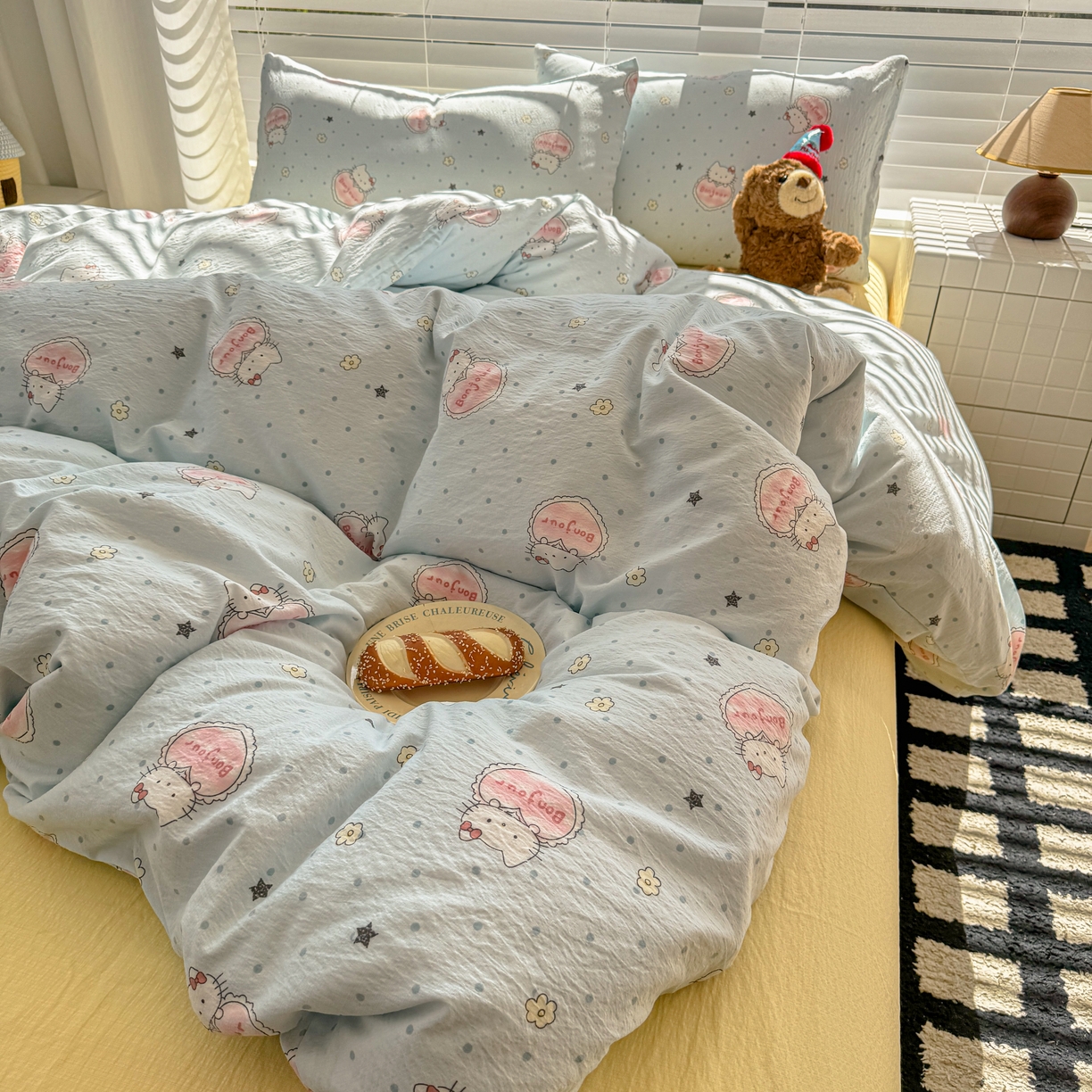 91家纺网 家纺一手货源 找家纺 繁花2025新款学生季第二波木棉水洗棉四件套三件套跑量款 爱心喵-蓝