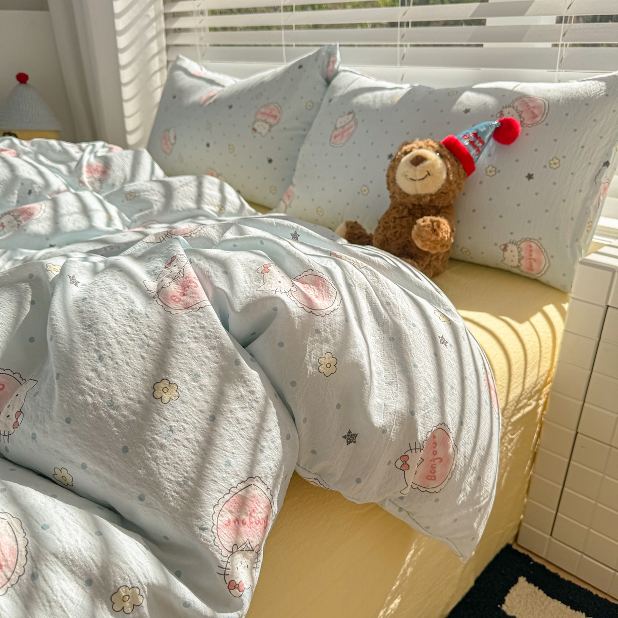 91家纺网 家纺一手货源 找家纺 繁花2025新款学生季第二波木棉水洗棉四件套三件套跑量款 爱心喵-蓝