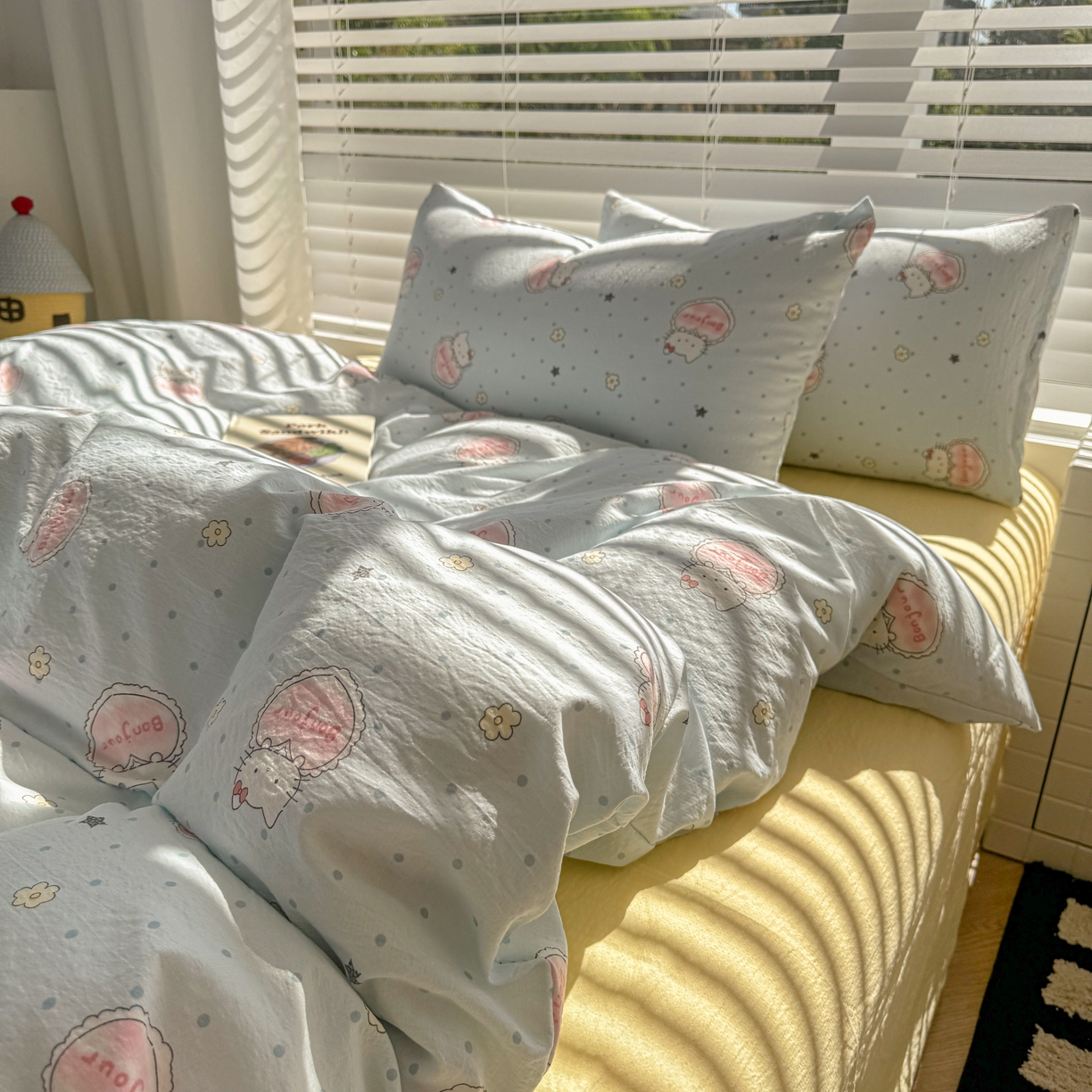 91家纺网 家纺一手货源 找家纺 繁花2025新款学生季第二波木棉水洗棉四件套三件套跑量款 爱心喵-蓝