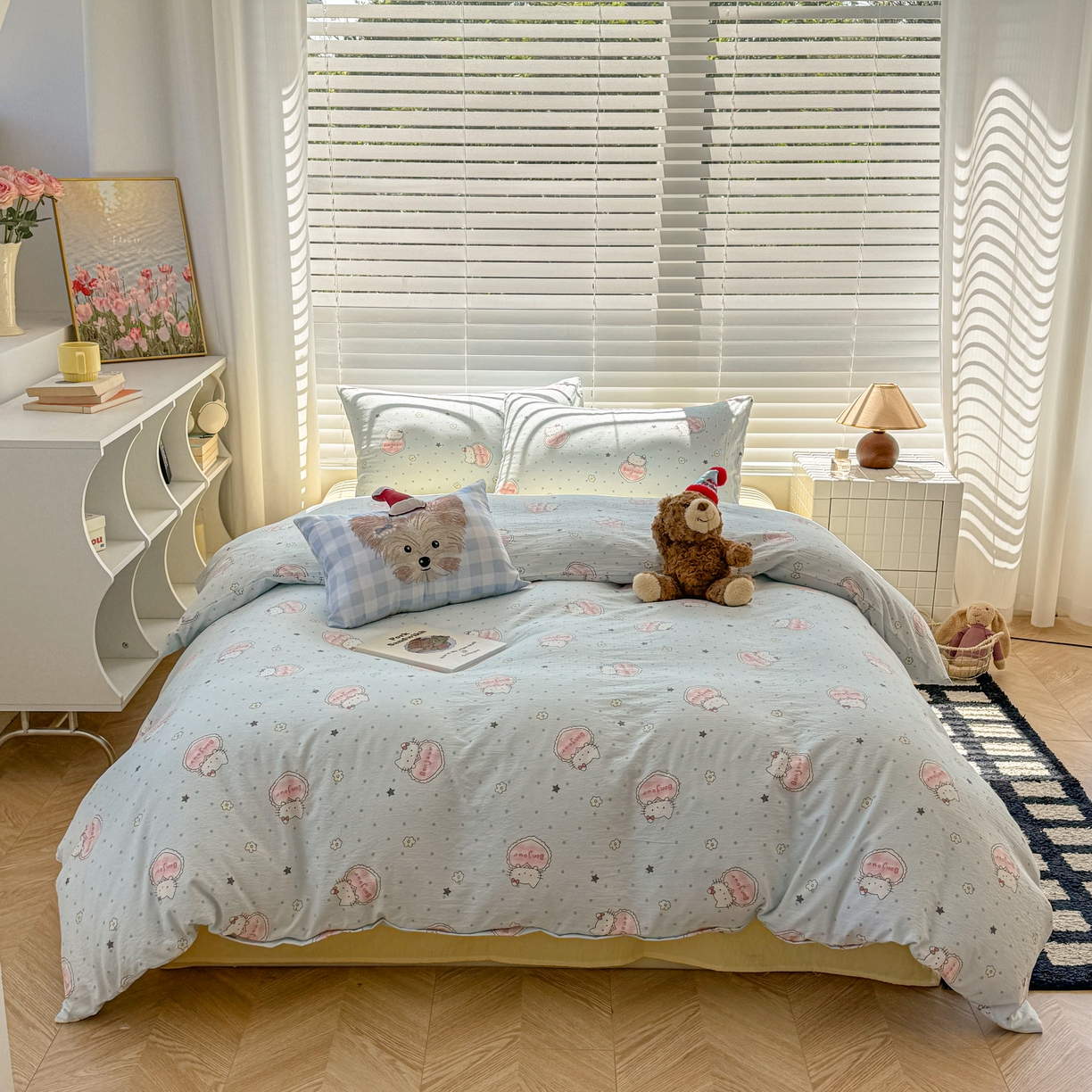 91家纺网 家纺一手货源 找家纺 繁花2025新款学生季第二波木棉水洗棉四件套三件套跑量款 爱心喵-蓝