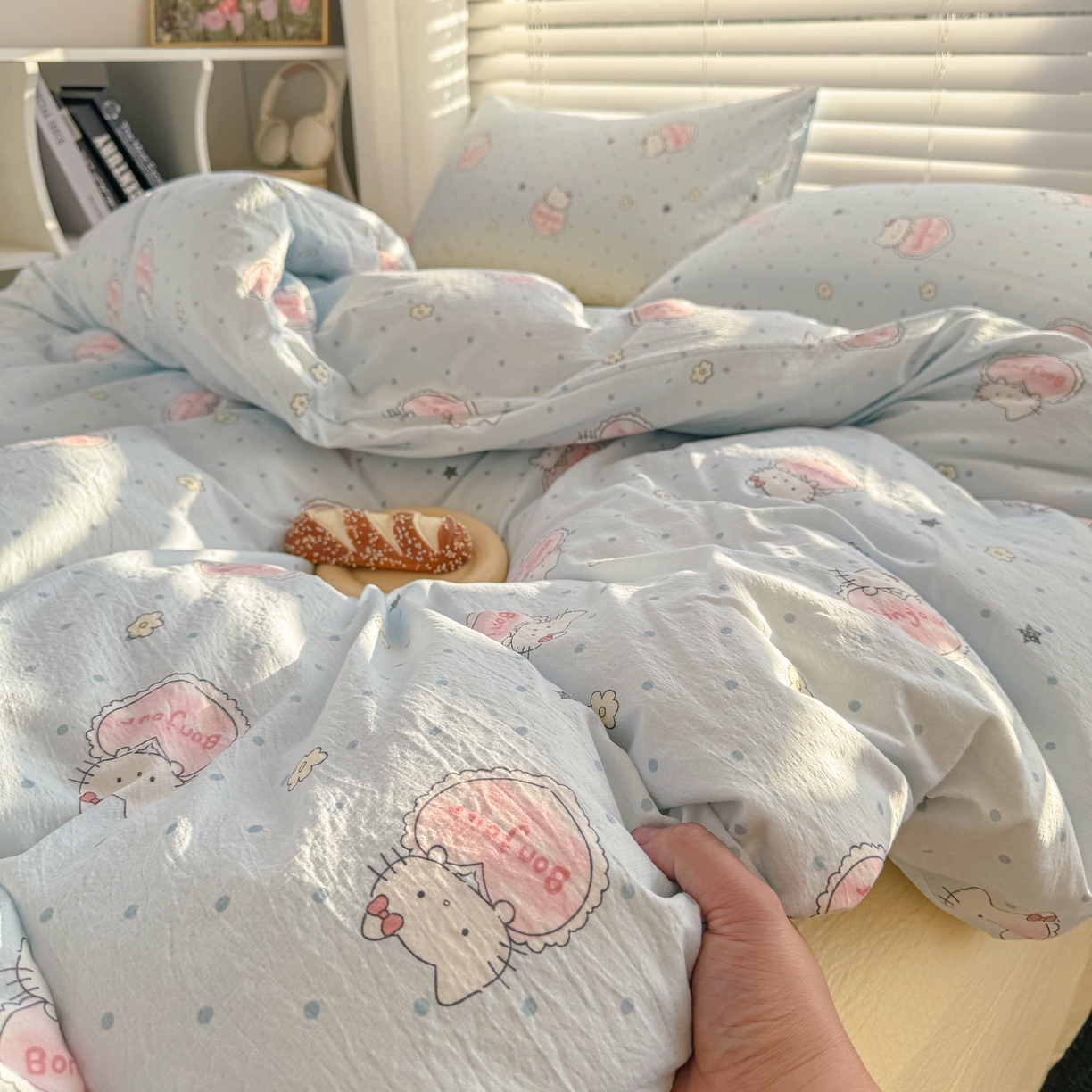 91家纺网 家纺一手货源 找家纺 繁花2025新款学生季第二波木棉水洗棉四件套三件套跑量款 爱心喵-蓝