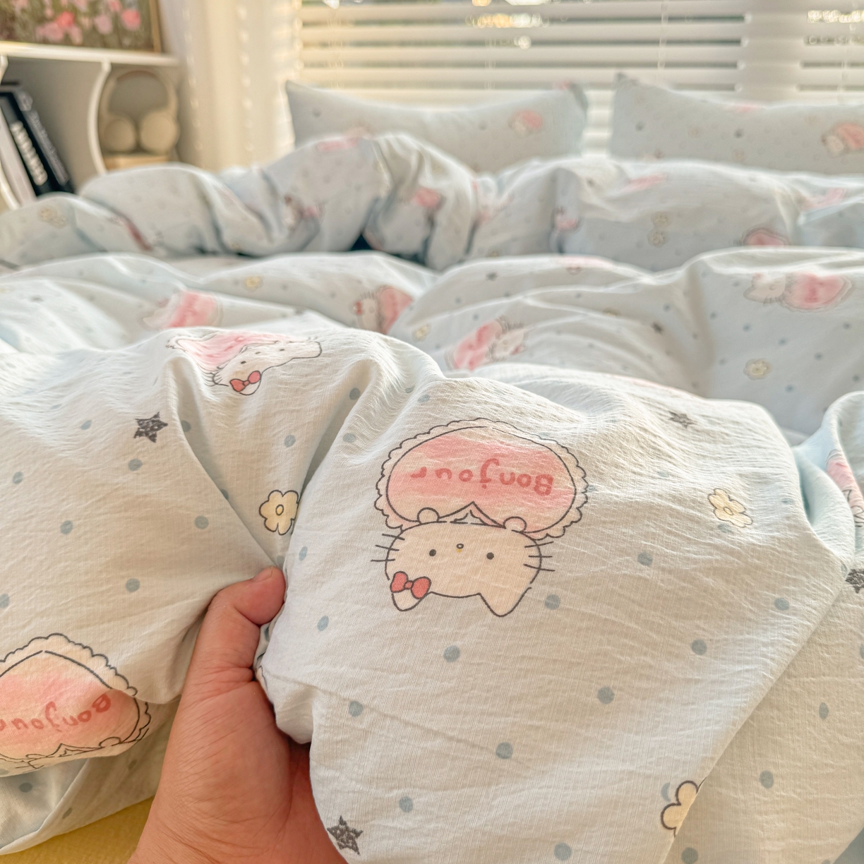 91家纺网 家纺一手货源 找家纺 繁花2025新款学生季第二波木棉水洗棉四件套三件套跑量款 爱心喵-蓝