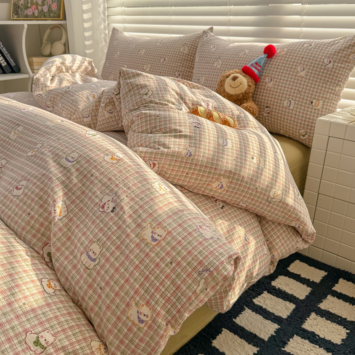 91家纺网 家纺一手货源 找家纺 繁花2025新款学生季第二波木棉水洗棉四件套三件套跑量款 彩格蒙宠