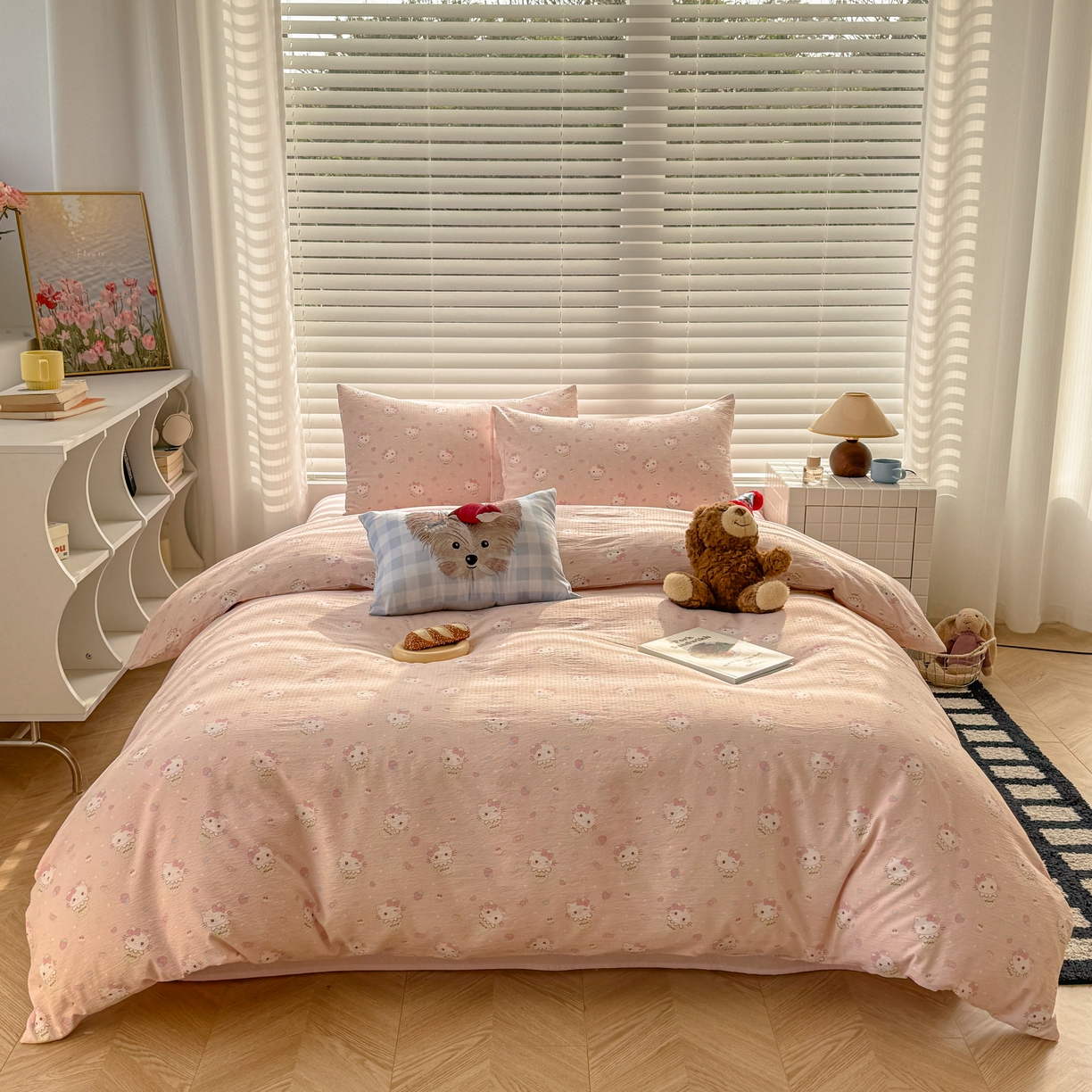 91家纺网 家纺一手货源 找家纺 繁花2025新款学生季第二波木棉水洗棉四件套三件套跑量款 甜筒小猫-粉