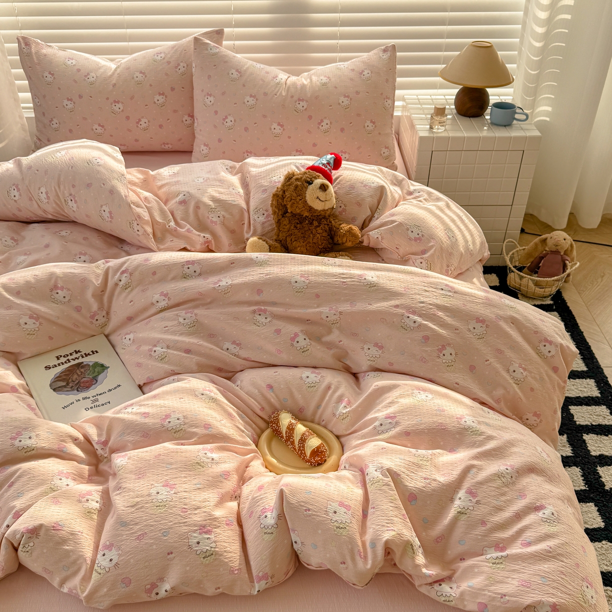 91家纺网 家纺一手货源 找家纺 繁花2025新款学生季第二波木棉水洗棉四件套三件套跑量款 甜筒小猫-粉