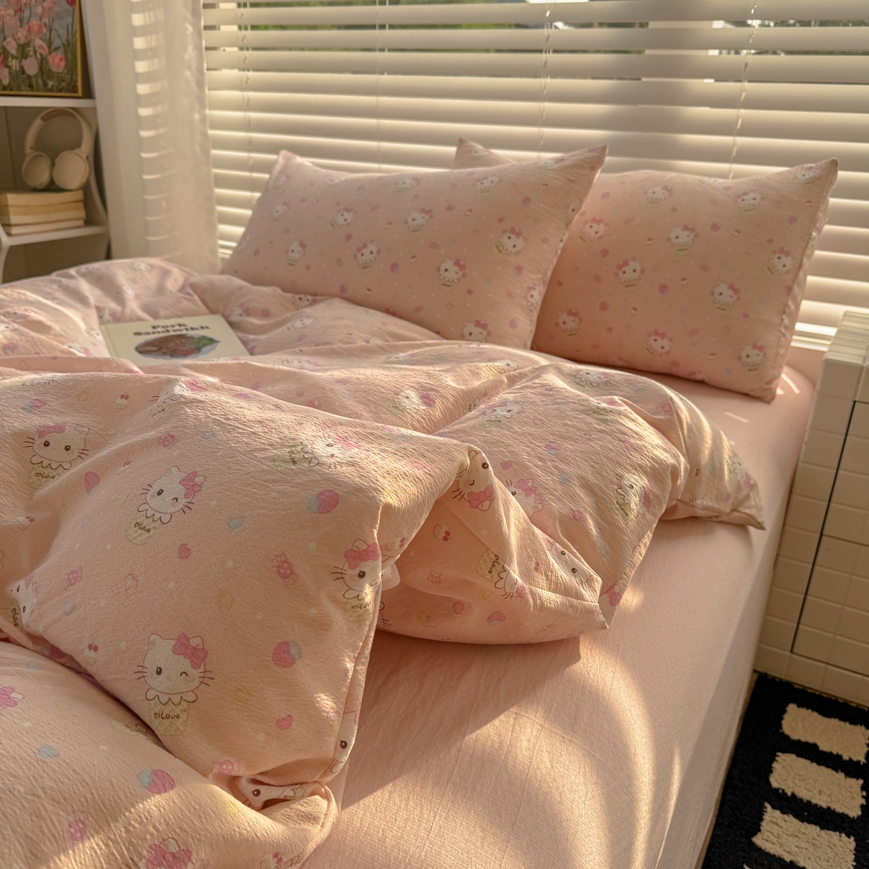 繁花2025新款学生季第二波木棉水洗棉四件套三件套跑量款 甜筒小猫-粉