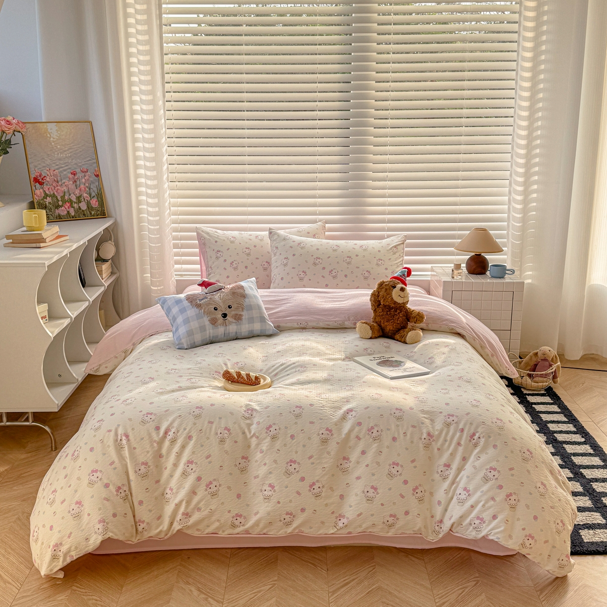 91家纺网 家纺一手货源 找家纺 繁花2025新款学生季第二波木棉水洗棉四件套三件套跑量款 甜筒小猫-米