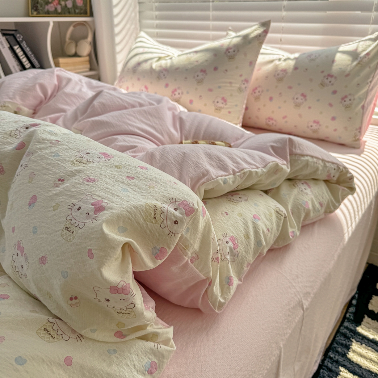 91家纺网 家纺一手货源 找家纺 繁花2025新款学生季第二波木棉水洗棉四件套三件套跑量款 甜筒小猫-米