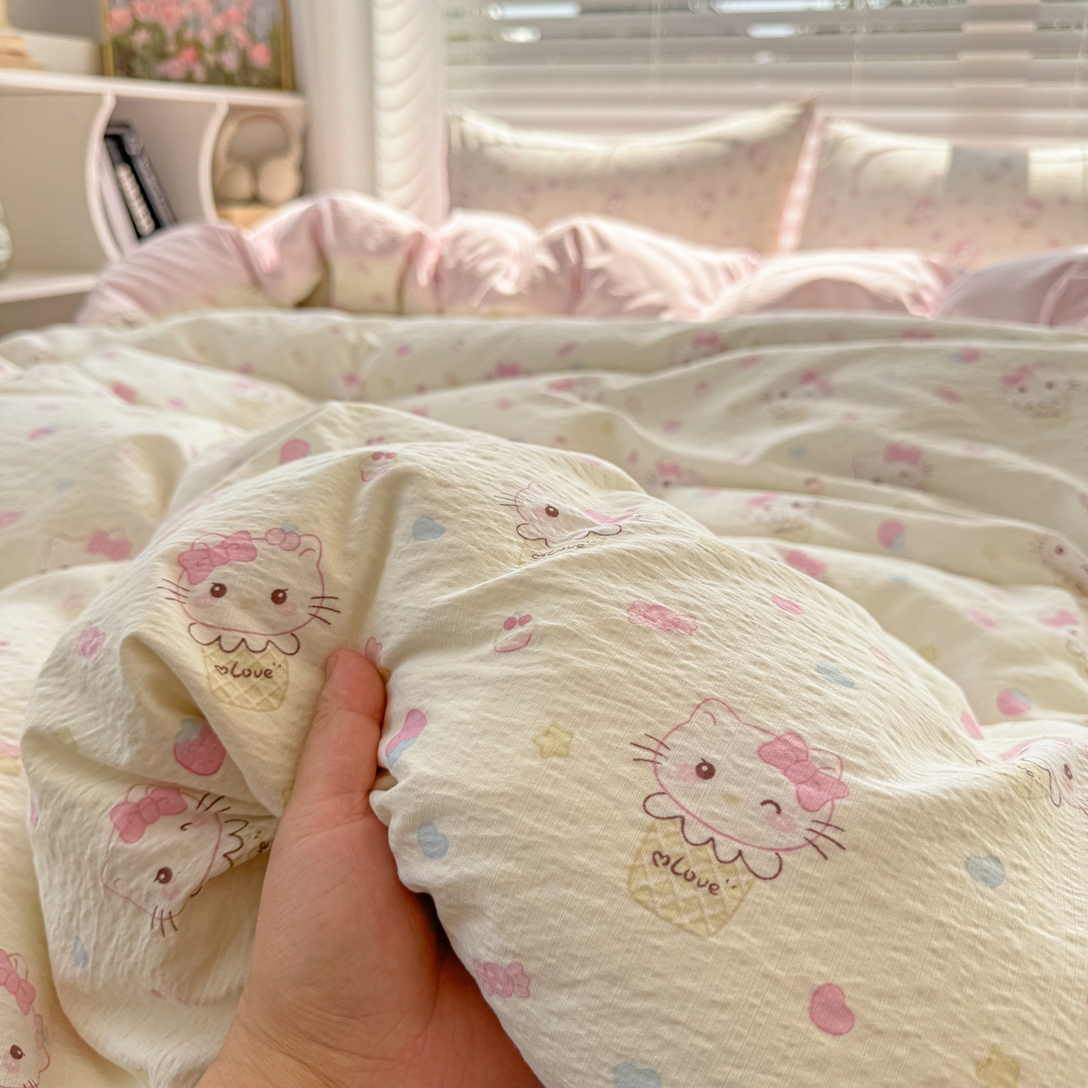 91家纺网 家纺一手货源 找家纺 繁花2025新款学生季第二波木棉水洗棉四件套三件套跑量款 甜筒小猫-米