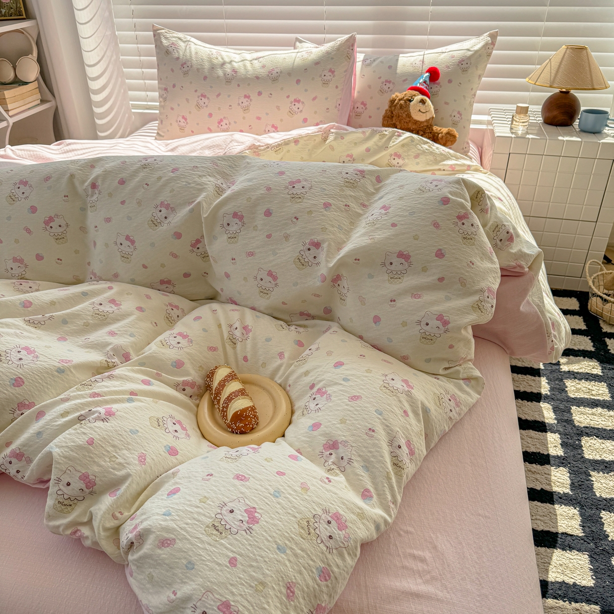 91家纺网 家纺一手货源 找家纺 繁花2025新款学生季第二波木棉水洗棉四件套三件套跑量款 甜筒小猫-米