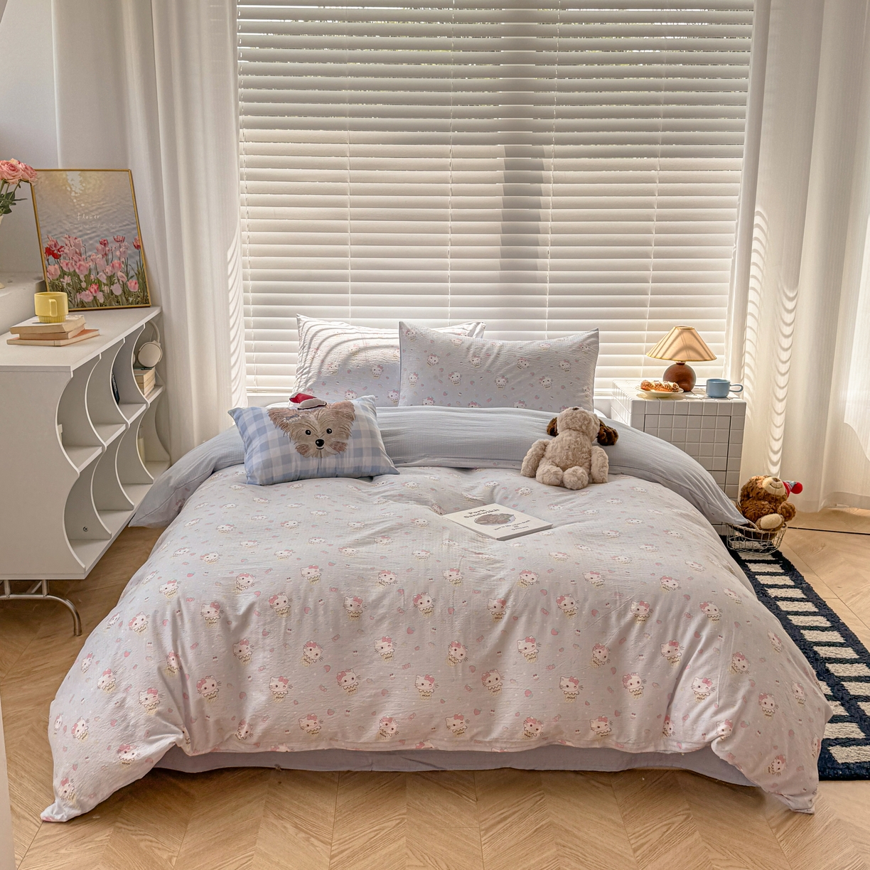 91家纺网 家纺一手货源 找家纺 繁花2025新款学生季第二波木棉水洗棉四件套三件套跑量款 甜筒小喵-蓝