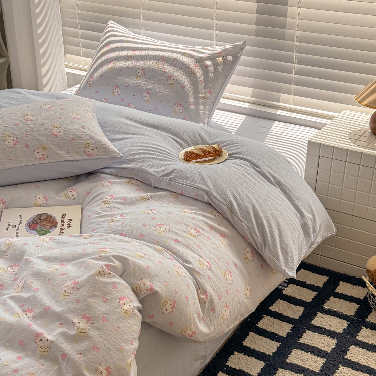 91家纺网 家纺一手货源 找家纺 繁花2025新款学生季第二波木棉水洗棉四件套三件套跑量款 甜筒小喵-蓝