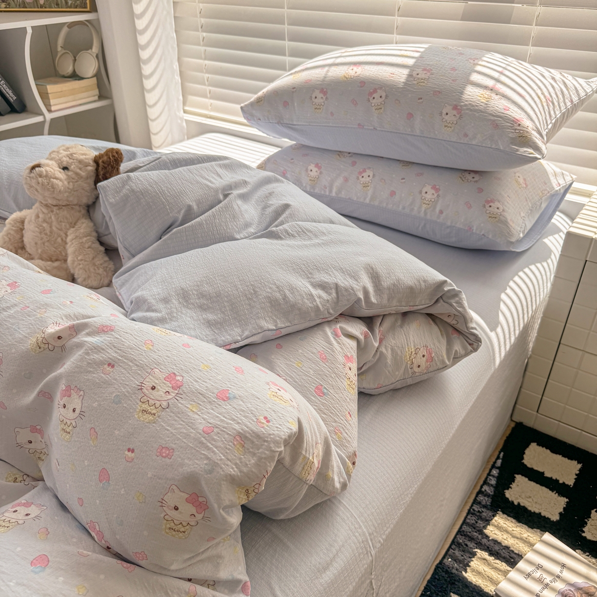 91家纺网 家纺一手货源 找家纺 繁花2025新款学生季第二波木棉水洗棉四件套三件套跑量款 甜筒小喵-蓝