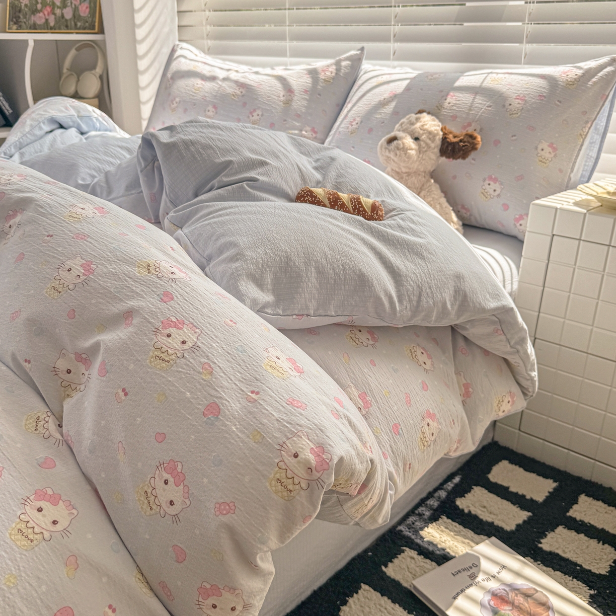 繁花2025新款学生季第二波木棉水洗棉四件套三件套跑量款 甜筒小喵-蓝