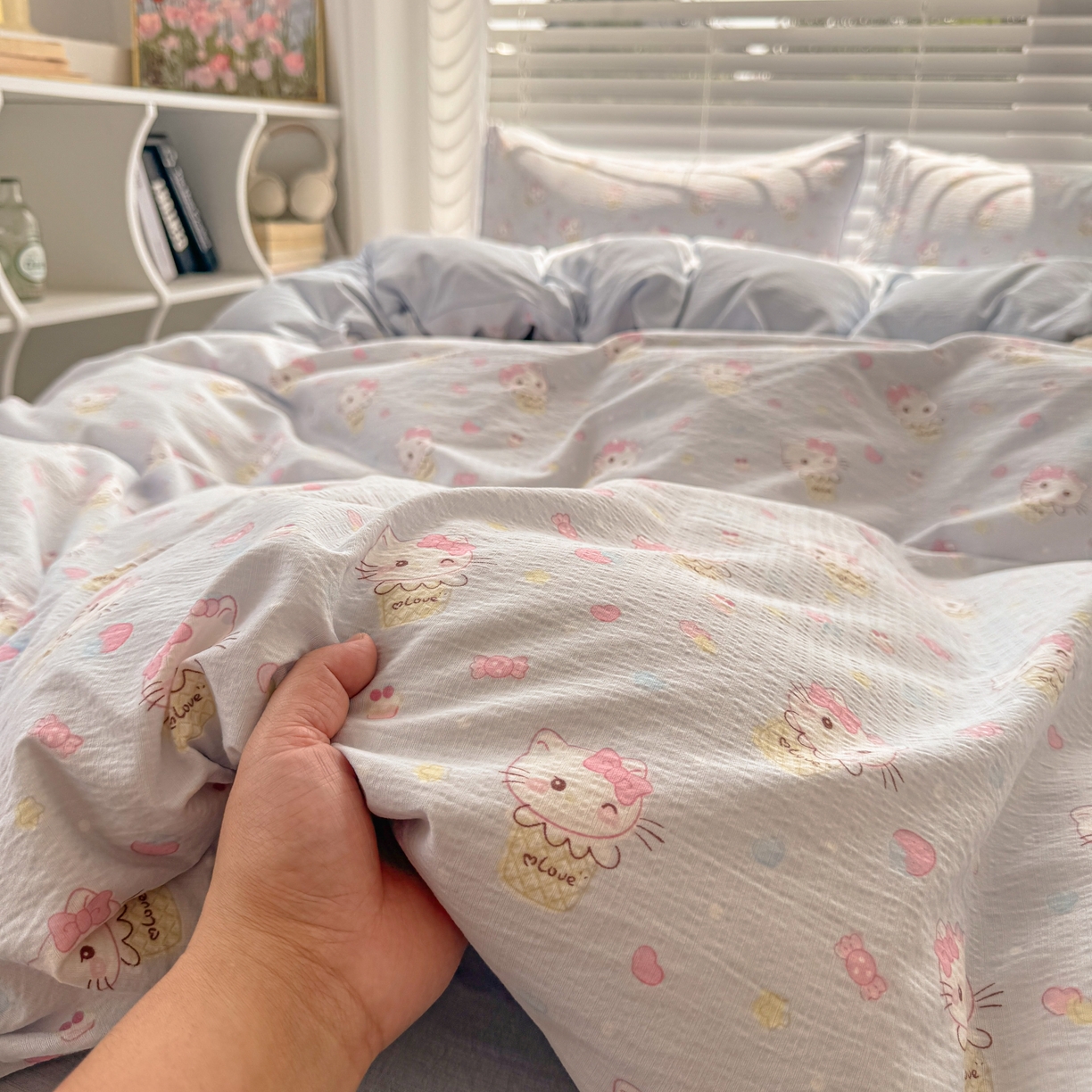 91家纺网 家纺一手货源 找家纺 繁花2025新款学生季第二波木棉水洗棉四件套三件套跑量款 甜筒小喵-蓝