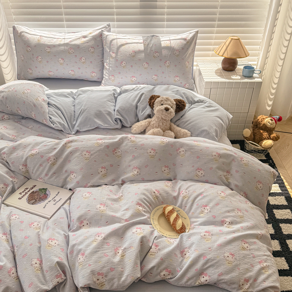 91家纺网 家纺一手货源 找家纺 繁花2025新款学生季第二波木棉水洗棉四件套三件套跑量款 甜筒小喵-蓝