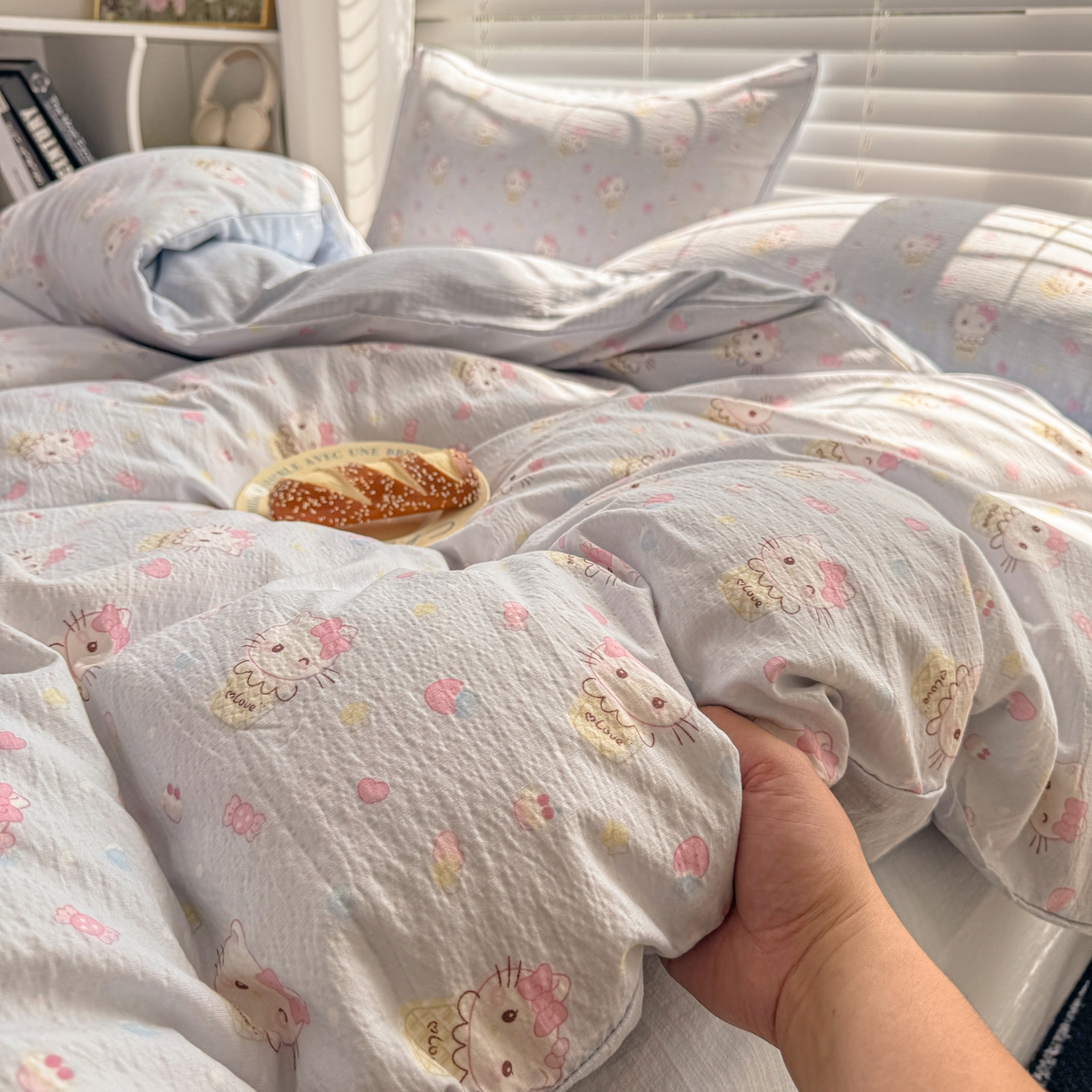 91家纺网 家纺一手货源 找家纺 繁花2025新款学生季第二波木棉水洗棉四件套三件套跑量款 甜筒小喵-蓝