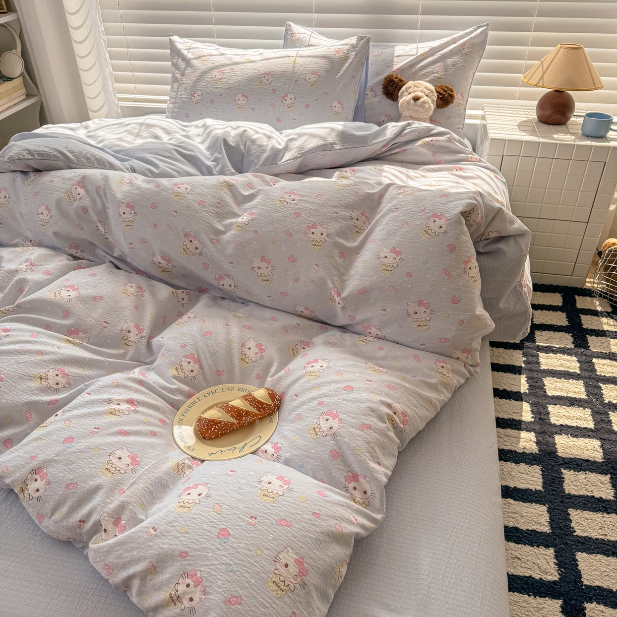 91家纺网 家纺一手货源 找家纺 繁花2025新款学生季第二波木棉水洗棉四件套三件套跑量款 甜筒小喵-蓝