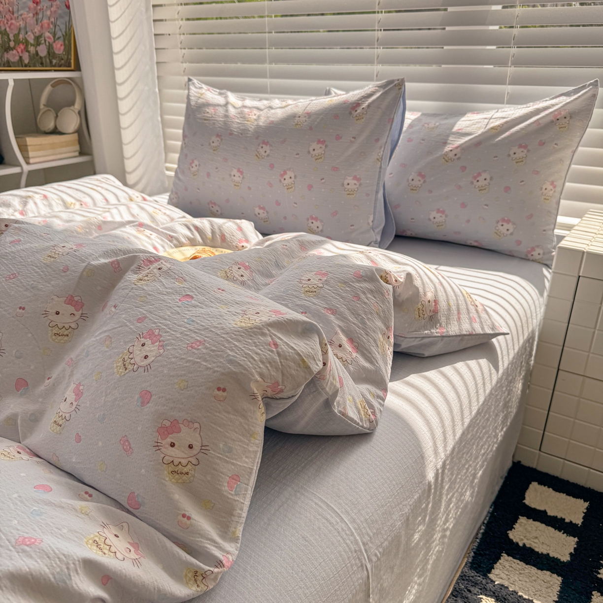 91家纺网 家纺一手货源 找家纺 繁花2025新款学生季第二波木棉水洗棉四件套三件套跑量款 甜筒小喵-蓝