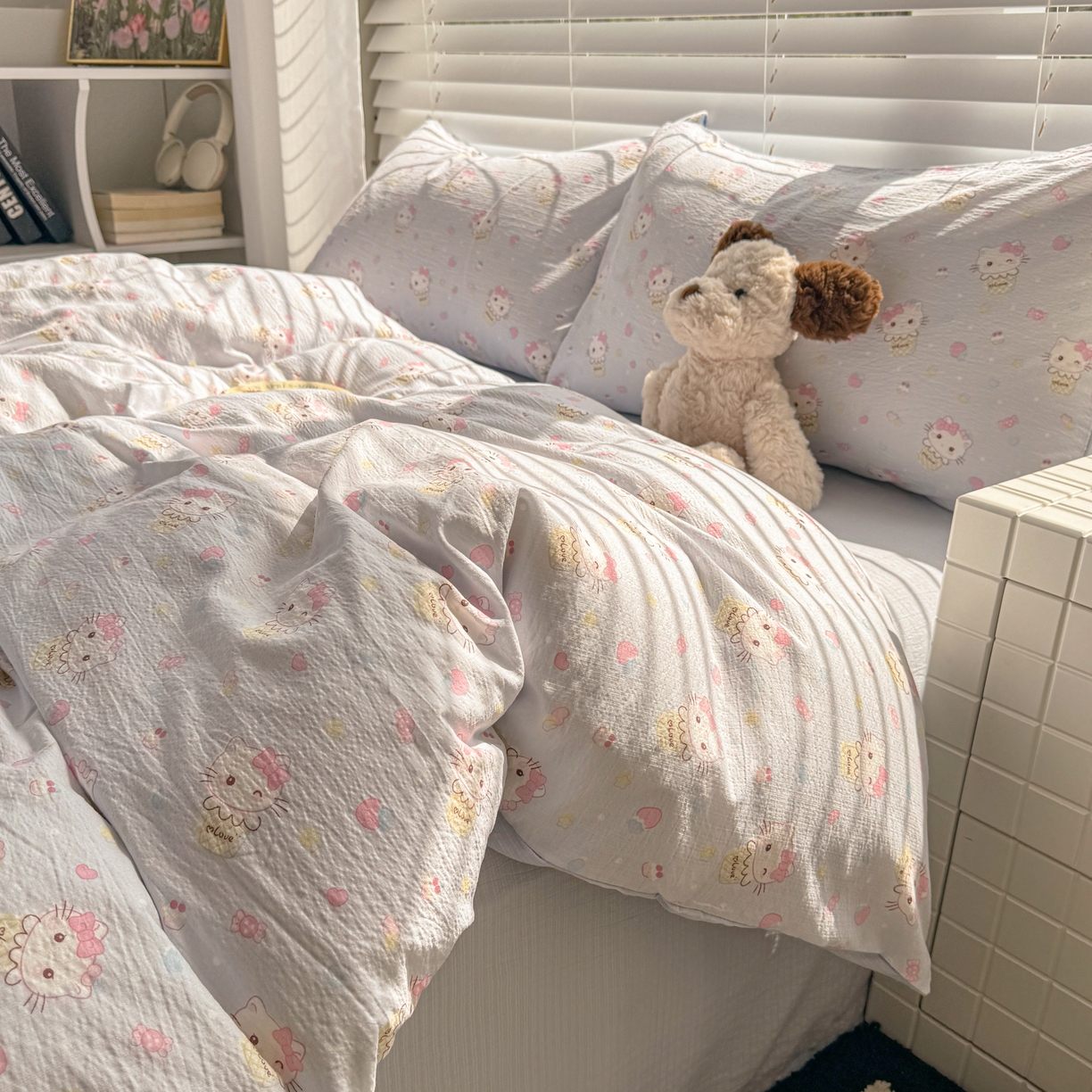 91家纺网 家纺一手货源 找家纺 繁花2025新款学生季第二波木棉水洗棉四件套三件套跑量款 甜筒小喵-蓝