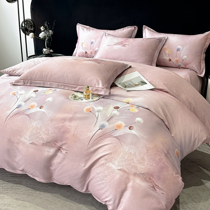 91家纺网 家纺一手货源 找家纺 喜四方 2025新款加厚天丝棉磨毛数码印花四件套 绒绒花语-粉