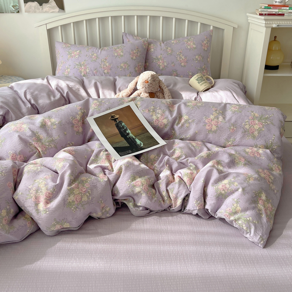 91家纺网 家纺一手货源 找家纺 繁花2025新款学生季第二波木棉水洗棉四件套三件套跑量款 紫黛花