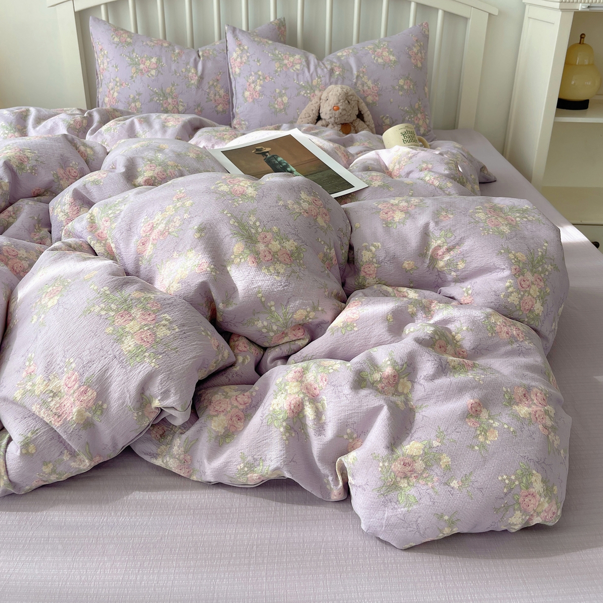 91家纺网 家纺一手货源 找家纺 繁花2025新款学生季第二波木棉水洗棉四件套三件套跑量款 紫黛花