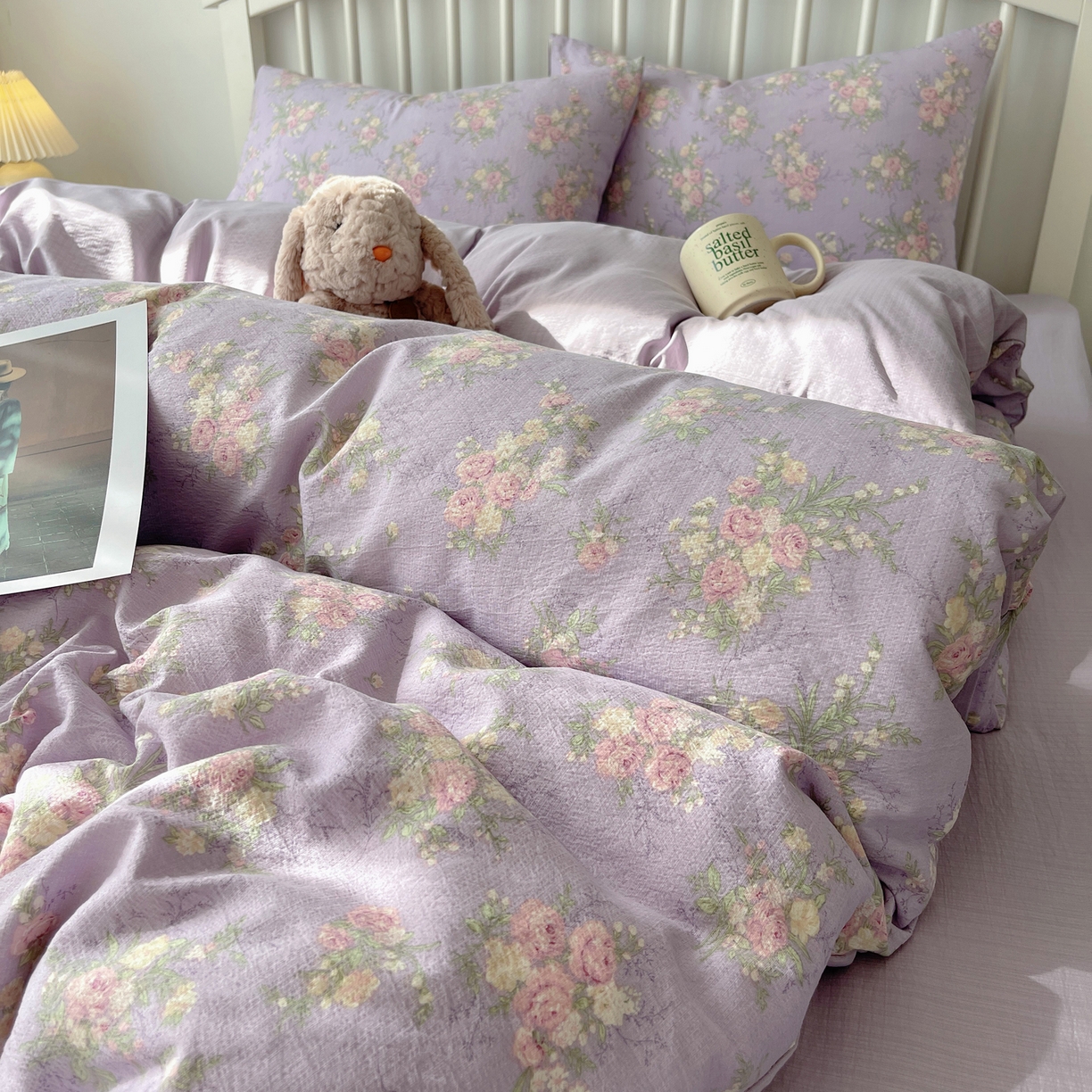 91家纺网 家纺一手货源 找家纺 繁花2025新款学生季第二波木棉水洗棉四件套三件套跑量款 紫黛花