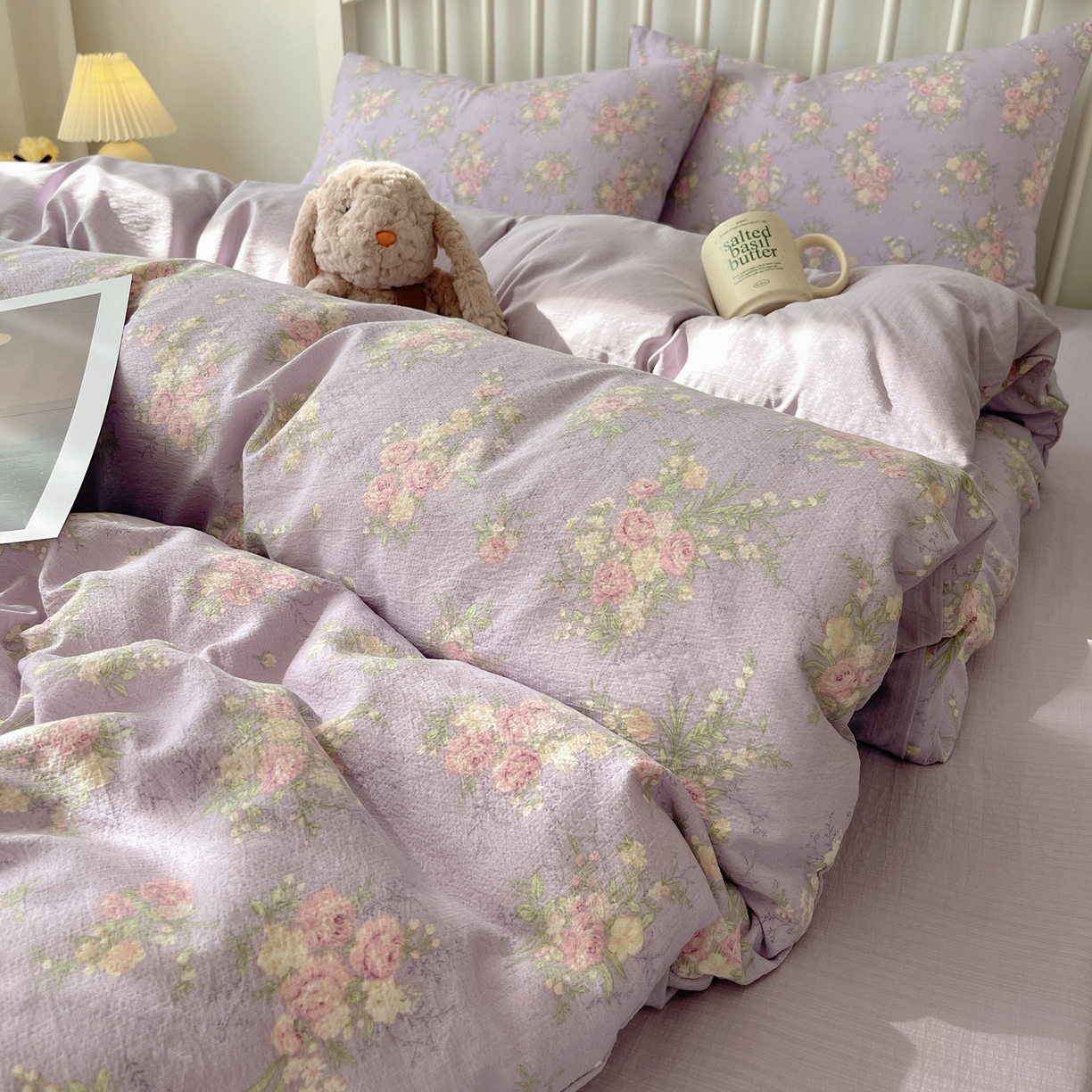 91家纺网 家纺一手货源 找家纺 繁花2025新款学生季第二波木棉水洗棉四件套三件套跑量款 紫黛花