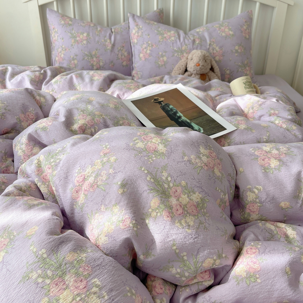 91家纺网 家纺一手货源 找家纺 繁花2025新款学生季第二波木棉水洗棉四件套三件套跑量款 紫黛花