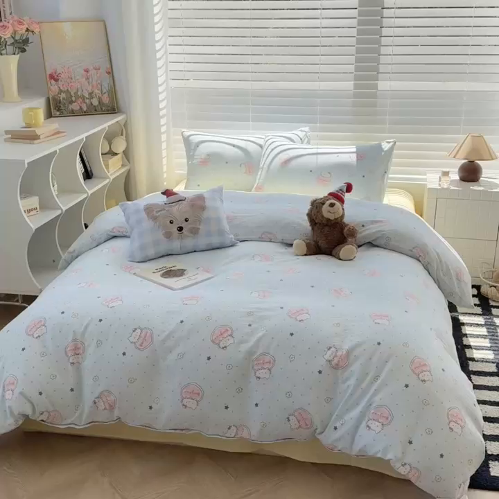 91家纺网 家纺一手货源 找家纺 繁花2025新款学生季第二波木棉水洗棉四件套三件套跑量款 爱心喵-蓝